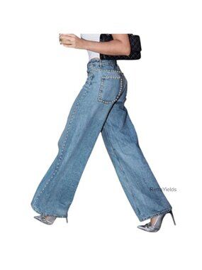 High Waist Wide Leg Straight Leg Jeans Studded Rhinestone Denim Pants